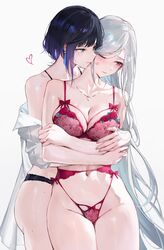 2girls big_breasts black_hair black_underwear blush blushing_at_viewer bra breasts cleavage couple duo embarrassed female genshin_impact grey_eyes half-closed_eyes heart hug hug_from_behind hugging hugging_from_behind jewelry kiss_mark large_breasts lesbian lesbian_couple lesbians light-skinned_female light_skin lingerie lipstick lipstick_mark long_hair looking_at_partner looking_away love medium_breasts multiple_girls neck necklace one_eye_closed panties qiandaiyiyu red_underwear romantic romantic_couple shenhe_(genshin_impact) shirt_down short_hair shy standing underwear white_hair wince yelan_(genshin_impact) yuri rating:Explicit score:283 user:AzyraFael