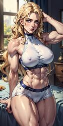  abs ai_generated big_breasts blonde_hair blue_eyes huge_breasts muscular_arms muscular_female parahumans procyon_ai sports_bra sportswear thick_lips thick_thighs victoria_dallon  rating:explicit score: user:procyon_v