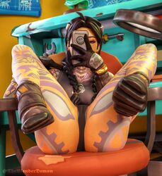 3d black_hair blenderdemon braided_hair clothed fortnite fortnite:_battle_royale freckles gloves jules_(fortnite) legs_up makeup one-piece_swimsuit phone selfie sitting sitting_on_chair swimsuit tattoo rating:Explicit score:68 user:bustybibuni