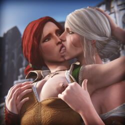 2girls breasts breasts_out ciri clothing female kissing light-skinned_female nipples red_hair saliva scar the_witcher_(series) the_witcher_3:_wild_hunt tongue_kiss triss_merigold white_hair yuri zynotheum rating:Explicit score:44 user:Kokizi