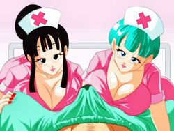 2girls big_breasts black_eyes black_hair blue_eyes blue_hair breasts bulge bulma_briefs chichi clothing doctor dragon_ball erection_under_clothes hair_bun hairbun hospital huge_breasts imminent_sex lipstick milf nail_polish nala1588 nurse nurse_cap nurse_uniform patient penis_bulge pink_clothing precum seducing seductive shounen_jump uniform rating:Explicit score:232 user:StepOnMeVidel