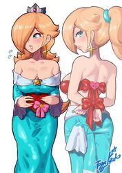 1girls 2d 2d_(artwork) blue_dress blush blush box_of_chocolates crown dress_around_waist embarrassed hands_tied heart-shaped_chocolate looking_away looking_back looking_back_at_viewer mario_(series) nail_polish ponytail princess_rosalina purple_nails ribbon ribbon_around_breasts ribbon_bondage shoulderless_dress super_mario_galaxy tied_up valentine's_day yamino_ekakinin rating:Explicit score:126 user:Toalbooth_