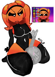  angry_face black_thighhighs blush breasts geometry_dash harder_(geometry_dash) lobotomy_(geometry_dash) red_body red_hair sitting_on_person thick_thighs thighs thumbs_up white_pupils xdlawlll y/n  rating:explicit score: user:xdlawlll