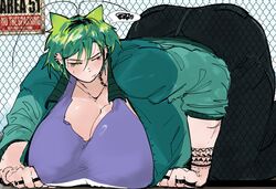  alien_girl ass_bigger_than_head big_ass big_breasts ear_piercing green_hair jeans roach rochi rochi(rrrroch1) rrrroch1 stuck taller_girl tattoo tomboy  rating:explicit score: user:user4032024