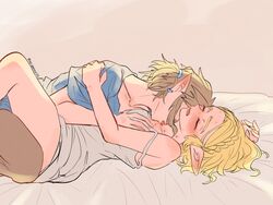 1boy1girl 1girl1boy aorin arms_around_partner arms_around_waist bare_legs between_legs blonde_hair blush breast_grab breast_squeeze closed_eyes elf elf_ears elf_female embrace furry_ears furry_tail hugging kissing kissing_neck legs_around_partner legs_held_open legs_spread licking_neck link link_(tears_of_the_kingdom) lying_down lying_on_bed princess_zelda sleeveless_shirt spread_legs tears_of_the_kingdom the_legend_of_zelda wholesome zelda_(tears_of_the_kingdom) rating:Questionable score:143 user:ThatFGuy