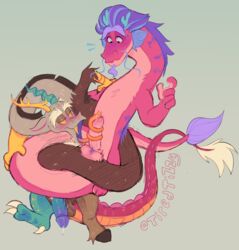  absurd_res anthro balls bodily_fluids chimera claws digital_media_(artwork) discord_(mlp) draconequus dragon duo eastern_dragon european_mythology fluffy friendship_is_magic fur furred_dragon genital_fluids genitals hasbro hi_res long_(wish_dragon) male my_little_pony mythological_creature mythological_scalie mythology open_mouth penis pink_body precum scalie tail tiredtizzy tuft western_dragon wish_dragon yellow_eyes yellow_sclera  rating:explicit score: user:bot