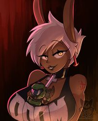 1girls anthro anthrofied batartcave between_breasts big_ears bunny_ears choker cleavage clothed cross daisy_(deputyrustart)​ daisy_(doom) daisy_eternal_(deputyrustart)​ dark-skinned_female dark_skin deputyrust doom doom_eternal doom_slayer_(doom) eye_contact eyelashes female female_only furry half-closed_eyes human humanized lagomorph large_breasts long_ears looking_at_viewer male male_human/female_anthro patreon rabbit red_background solo tank_top tattoo text toy url watermark white_hair rating:Questionable score:462 user:Yang’s_arm