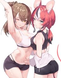 2girls ass booty_shorts breasts brown_hair female hakos_baelz hi_res hololive hololive_english hololive_english_-council- hololive_english_-promise- large_ass large_breasts light-skinned_female light_skin long_hair midriff namiorii nanashi_mumei navel ponytail rat_ears rat_girl red_hair short_shorts shorts sports_bra sportswear virtual_youtuber rating:Questionable score:106 user:Aeolus_HX