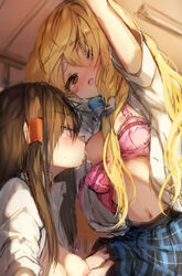 2girls alternate_costume blush bow bra braid breast_sucking brown_eyes brown_hair commentary_request contemporary hair_tubes hairbow hakurei_reimu hand_on_another's_thigh hand_on_thigh indoors kirisame_marisa long_hair looking_at_another marisa_kirisame multiple_girls navel nipples open_mouth pink_bra piyokichi plaid plaid_skirt profile reimu_hakurei saliva school_uniform side_braid skirt touhou underwear very_long_hair yuri rating:Explicit score:39 user:IJustDidIt