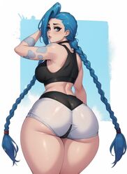 1girls ai_generated ass ass_focus blue_hair butt_focus fat_ass female female_only huge_ass huge_butt jinx_(league_of_legends) league_of_legends looking_at_viewer pinkdolphin purple_eyes solo sportswear tattoo tight_clothing rating:Explicit score:29 user:pinkdolphin