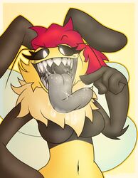  1girl antennae bee breasts buddudhud chest_tuft grey_tongue imminent_oral large_tongue pointing_at_mouth saliva_on_tongue sharp_teeth solo solo_focus tagme weird  rating:questionable score: user:deleted107137