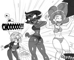 3girls aeolus06 alternate_version_available assisted_exposure blush bra clothes_removed dark-skinned_female dark_skin dc dc_comics dc_super_hero_girls doris_zeul doris_zeul_(shg) embarrassed embarrassed_underwear_female euf exposed_ass exposed_panties female female_only kara_danvers kara_danvers_(shg) kara_zor-el monochrome pale-skinned_female pale_skin panties sci-fi science_fiction scifi selina_kyle selina_kyle_(shg) underwear wide_hips rating:Explicit score:58 user:NoString