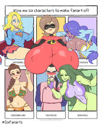 1boy 5girls 6fanarts big_breasts bikini blonde_hair blue_eyes blush brown_hair brown_skin bust busty cleavage clothed clothing costume crossover curvaceous curves curvy curvy_figure dark-skinned_female dark_skin dc dc_comics disney dragon_ball dragon_ball_(classic) eastern_and_western_character elastigirl english fanart giant_breasts gigantic_breasts green-skinned_female green_hair green_skin helen_parr hourglass_figure huge_breasts hulk_(series) indivisible kara_zor-el leotard light-skinned_female light_skin lips lipstick long_hair lucasfilm marvel marvel_comics meme muscular_female nipple_bulge outfit pixar pokies ponytail princess_leia_organa purple_hair red_lips red_lipstick seductive seductive_look seductive_smile she-hulk six_fanarts_challenge sixfanartchallenge skirt slave_bikini slave_leia smooth_skin star_wars supergirl superhero superheroine superman_(series) tao_pai_pai teasing text the_incredibles thick_thighs thighs thorani villain voluptuous witchking00 rating:Explicit score:224 user:ShadowPain