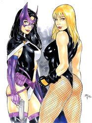 2girls ass birds_of_prey black_canary black_eyebrows black_hair blonde_eyebrows blonde_female blonde_hair blue_eyes breasts dc dc_comics dinah_lance ed_benes_studio female_ass fishnets green_arrow_(series) helena_bertinelli huntress_(dc) iago_maia latex_leotard leotard metahuman tagme thong_leotard zipper_pull_tab rating:Questionable score:77 user:Kara_danvers80_