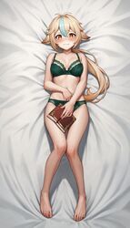  ai_generated aimoonshine alternate_version_available animal_ears barefoot blue_hair blush covering_crotch dakimakura dakimakura_design embarrassed full_body genshin_impact green_bra green_hair green_panties hair_flaps holding_book lace_trim lingerie looking_at_viewer lying medium_breasts on_back on_bed orange_eyes ponytail smile streaked_hair sucrose_(genshin_impact) underwear_only wavy_mouth  rating:questionable score: user:aimoonshine