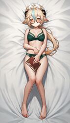  ai_generated aimoonshine alternate_version_available animal_ears barefoot blue_hair blush covering_crotch dakimakura dakimakura_design embarrassed full_body genshin_impact glasses green_bra green_hair green_panties hair_flaps hat holding_book lace_trim lingerie looking_at_viewer lying medium_breasts on_back on_bed orange_eyes ponytail round_eyewear smile streaked_hair sucrose_(genshin_impact) underwear_only wavy_mouth  rating:questionable score: user:aimoonshine