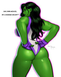 1girls artist_name ass ass_focus back_view bubble_butt dat_ass english_text green_hair green_skin hulk_(series) jennifer_walters marvel marvel_comics muscular muscular_female pope_of_dairy she-hulk superheroine wedgie rating:Questionable score:63 user:Private_Geek