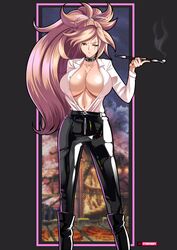 1girls baiken big_breasts breasts cleavage collar eye_scar female female_only guilty_gear hairband kiseru large_breasts long_hair looking_at_viewer open_mouth pants pipe ponytail scar shiny_clothes smoking smoking_pipe solo standing stevechopz unimpressed very_long_hair rating:Questionable score:128 user:justausername