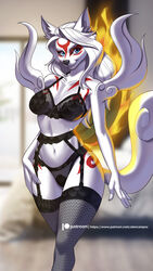 2020 alanscampos amaterasu anthro clothing eye_contact female female_only fire furry legwear lingerie okami panties patreon patreon_username solo stockings tail white_hair white_skin wide_hips rating:Questionable score:67 user:Schnuron93