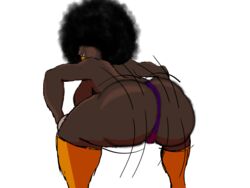  afro big_lips big_lips_no_eyes big_nose black_female black_hair dark-skinned_female hair_covering_eyes latex medium_breasts no_background orange_latex pasties purple_thong smile taebien thong topless twerking zahra_(tae)  rating:explicit score: user:secso_mania