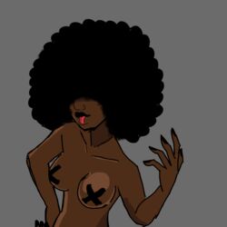  afro big_lips big_lips_no_eyes big_nose black_female black_hair black_nails dark-skinned_female hair_covering_eyes medium_breasts pasties smile taebien tongue_out topless zahra_(tae)  rating:questionable score: user:secso_mania