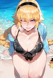 1girls ai_generated artstyle_imitation beach blonde_hair blue_eyes braided_hair breasts cum cum_on_breasts cum_on_face fate/grand_order fate_(series) female floox hi_res huge_breasts jeanne_d'arc_(fate) jeanne_d'arc_(swimsuit_archer) light-skinned_female light_skin long_hair naughty_face outdoors stable_diffusion thiccwithaq_(ai_style) thick_thighs rating:Explicit score:268 user:Aeolus_HX