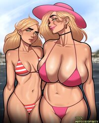 2girls big_breasts bikini black_eyebrows blonde_hair breast_envy breast_size_difference choker earrings female female_only freckles green_eyes hat long_hair meme milf mother_and_daughter mother_daughter_boob_envy_(meme) mrpotatoparty multiple_girls nadia_hughes narrowed_eyes pink_lipstick smiling vanessa_hughes rating:Questionable score:374 user:BlueVertig0