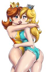 2girls alternate_breast_size arms_around_neck ass back bare_arms bare_legs big_breasts blonde_hair blue_eyes blush breast_press breasts breasts_to_breasts clothing crown duo earrings eye_contact eyebrows_visible_through_hair female_only flower_earrings ginger_hair half-closed_eyes kissing large_breasts leonart leotard lesbian light-skinned_female light_skin lips long_hair mario_(series) mario_and_sonic_at_the_olympic_games nintendo nipples princess_daisy princess_rosalina shoulder_length_hair sleeveless_leotard star_earrings swimsuit symmetrical_docking thick thick_thighs thighs tongue tongue_kiss tongue_out white_background wide_hips wrist_grab yuri rating:Questionable score:277 user:Vegetax212