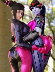 2girls 3d adeptusinfinitus ass ass_grab blender bodysuit drill_hair eyepatch female female_only gloves juri_han overwatch ponytail purple_eyes skin_tight smile street_fighter suggestive thighs widowmaker yellow_eyes rating:Questionable score:121 user:boobel