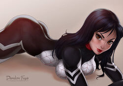 artist_name ass black_hair bodysuit breasts brown_eyes cindy_moon dandon_fuga lipstick looking_at_viewer marvel silk silk_(marvel) simple_background smile spider-man_(series) rating:Questionable score:212 user:Xxx33