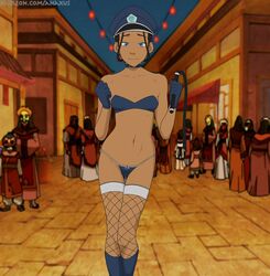 anaxus avatar_the_last_airbender blue_eyes boots bra brown_hair choker dark-skinned_female dark_skin exhibitionism fishnets g-string gloves hat katara nickelodeon panties police_uniform public small_breasts stockings uniform whip rating:Questionable score:191 user:Revy36