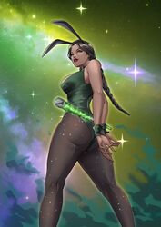 ass black_hair breasts bunny_ears bunnysuit clothing dark-skinned_female earrings female female_only green_clothing jade_(mortal_kombat) large_ass lipstick mortal_kombat ponytail red_lipstick smile smiling solo solo_female staff thotlerrr treartz rating:Questionable score:34 user:Monbo