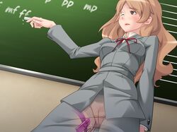 blackboard blush brown_eyes classroom clothed_masturbation clothing discreet_vibrator exhibitionism fully_clothed game_cg lipstick masturbation one_closed_eyes panties public public_vibrator stealth_masturbation tagme teacher underwear vibrator vibrator_on_thigh wink x-ray rating:Explicit score:88 user:bot