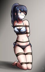 1girls arms_behind_back bikini black_hair blue_eyes bondage bound breasts clothing color female gag gagged kneeling legs_together long_hair looking_away magnolia-baillon restrained rope rope_bondage ssss.gridman swimsuit takarada_rikka rating:Questionable score:89 user:red3301