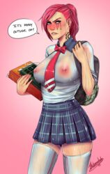 1girls backpack big_breasts blue_eyes blush books erect_nipples female holding_book ikebanakatsu league_of_legends nipple_piercing nipples no_bra pink_hair pink_tie see_through solo tattoo upset vi wet wet_clothes wet_clothing wet_skin wet_skirt wet_topwear rating:Explicit score:160 user:Nashor