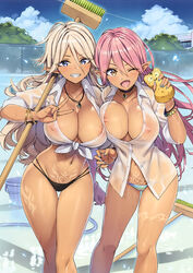 2girls absurdres bikini bikini_bottom bikini_under_clothes blonde_hair blue_eyes blue_sky bracelet breasts brown_eyes choker cleavage cutoffs dark_elf day earrings elf female female_only grin gyaru hair_between_eyes highleg highres hoop_earrings jewelry large_breasts midriff multi-strapped_bikini multiple_girls nail_polish navel necklace nipples one_eye_closed ootomo_takuji open_mouth original outdoors partially_unbuttoned pendant pink_hair pointy_ears pubic_tattoo ring see-through shirt sky smile standing swimsuit tan tattoo thigh_gap tied_shirt toranoana v wet wet_clothes wet_shirt wristband rating:Explicit score:282 user:BB7