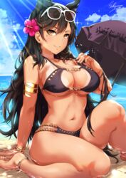 1girls animal_ears anklet arm_support armlet artist_name atago_(azur_lane) azur_lane bangs barefoot beach beach_umbrella big_breasts bikini bikini_tug black_bikini black_hair black_umbrella blush bracelet breasts brown_eyes cleavage_cutout cloud collarbone day earrings extra_ears eyebrows_visible_through_hair female female_only flower grin hair_flower hair_ornament highres hoop_earrings jewelry knee_up large_breasts long_hair looking_at_viewer mole mole_under_eye nail_polish navel outdoors parted_lips partially_submerged red_nails ribbon sakiyamama signature sitting skindentation smile solo sparkle stomach strap_pull sunlight swept_bangs swimsuit tan tanline thighs umbrella wet rating:Questionable score:173 user:BB7