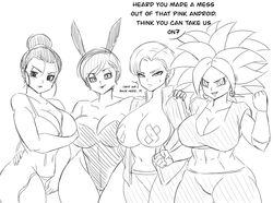 4girls abs android_18 angel_(dragon_ball) big_breasts black_and_white black_eyes black_hair bob_cut bra breasts bulma_(bunny) bulma_(dragon_ball) bulma_briefs bunnysuit chichi cleavage darwaarts dragon_ball dragon_ball_super dragon_ball_z ear_piercing ear_ring earrings english english_text hair hair_bun highres hourglass_figure jacket jacket_open kefla kefla_(dragon_ball) legendary_super_saiyan line_art long_hair milf milfs monochrome no_color panties saiyan short_hair speech_bubble super_saiyan taped_nipples voluptuous voluptuous_female rating:Questionable score:60 user:out_db