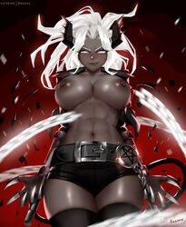 1girls 2020 abs areolae below_view belt big_breasts black_panties black_shorts black_thighhighs blush breasts chains dark-skinned_female dark_skin demon demon_girl demon_horns demon_tail easonx female female_only from_below frown grey_skin helltaker horns judgement_(helltaker) large_breasts looking_at_viewer looking_down muscles muscular_female nipples no_bra open_clothes pentagram red_background shiny_skin shorts simple_background smirk solo tail thighhighs thighs viewed_from_below white_eyebrows white_eyes white_hair rating:Questionable score:352 user:justausername