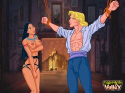 1boy 1girls bdsm black_hair blonde_hair bondage bound bound_wrists breasts cartoonvalley.com clothed_male_nude_female clothing dark-skinned_female dark_skin disney disney_princess first_time helpless john_smith male native_american nipples pocahontas pocahontas_(character) prisoner royalty rating:Explicit score:4 user:Pokh