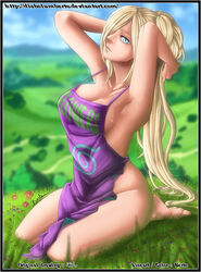 1girls apron arms_behind_head barefoot blonde_hair blue_eyes breasts cedric_humbert deviantart feet female female_only ino_yamanaka kneeling long_hair looking_at_viewer naked_apron naruto naruto_shippuden outdoors ponytail tied_hair rating:Questionable score:59 user:UnrealHarbor