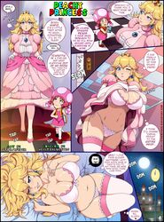 2girls big_breasts blonde_hair breasts comic dialogue english_text female huge_breasts lingerie long_hair mario_(series) nintendo page_1 panties princess_peach stormfeder super_mario_bros. superheroine text toadette rating:Explicit score:343 user:Ponic5