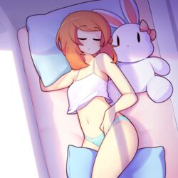 bare_midriff bed belly_button between_legs crop_top fizintine luna_(fizintine) pillow plushie sleeping tank_top thick_thighs underwear rating:Questionable score:363 user:theskybeast