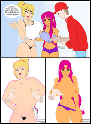 1boy 2girls alien alien_girl areolae athletic bare_midriff big_breasts bikini_bottom biting_lip blonde_hair blue_eyes blush breast_fondling breasts busty cartoon_network cleavage comic curvaceous curvy dc dc_comics eyelashes female female_focus g-string green_eyes hotpants hourglass_figure huge_breasts inverted_nipples karen_starr large_breasts lipstick long_hair male navel nipples orange_skin pinup pizza pose posing power_girl red_hair red_lipstick roumgu sci-fi science_fiction short_hair short_shorts speech_bubble standing starfire superman_(series) sweat tank_top tease teasing teen_titans teen_titans_go text thick_eyebrows thick_thighs thong tied_hair topless voluptuous wide_hips rating:Questionable score:153 user:lobixis