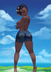 1girls big_ass clouds covering covering_breasts cutesexyrobutts_(style) dark-skinned_female dark_skin dreadlocks facing_viewer female female_only league_of_legends looking_at_viewer looking_back senna_(league_of_legends) shorts smile smiling soles solo solo_focus spread_legs standing standing_on_tip_toes tiptoes turned_away zefra_bleu rating:Explicit score:161 user:deleted3593