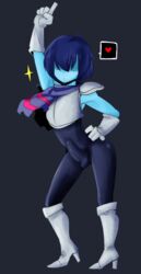 1boy blue_skin bodysuit bulge colored colossalcoochie deltarune doppel edit edited erection_under_clothes faceless_male femboy hair_over_eyes high_heel_boots kris_(deltarune) male male_only posing skin_tight solo solo_male rating:Explicit score:85 user:LewdPang1