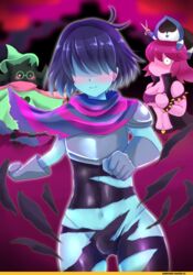 ahoge anthro armor battle blep blue_hair blue_skin blush cutting_clothes deltarune embarrassed kris_(deltarune) lancer_(deltarune) looking_at_viewer pink_skin ralsei scarf shocked short_hair susie_(deltarune) rating:Explicit score:58 user:Shsl_roleplayer