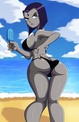 1girls ass bare_legs beach bikini black_bikini bob_cut breasts dc dc_comics female female_only food goth grey_skin large_breasts looking_at_viewer looking_back narrow_waist popsicle purple_eyes purple_hair rachel_roth raven_(dc) ravenravenraven shiny shiny_hair shiny_skin short_hair solo swimsuit teen_titans rating:Questionable score:222 user:vlbt3raz