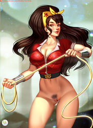 blue_eyes bottomless brown_hair dc_comics diana_prince didi_esmeralda innie_pussy pubic_hair pussy vagina whip wonder_woman wonder_woman_(series) rating:Explicit score:52 user:acds