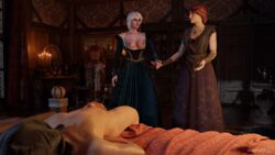 1boy 2girls 3d alternate_costume breasts breasts_out candlelight cd_projekt_red ciri covered_face detailed_background empress_ciri fingerless_gloves holding_breast holding_hand indoors laying_on_bed looking_at_another looking_down malesub niodreth nude_male orianna_(the_witcher) pearl_necklace penis red_hair revealing_cutout royalty sex_education the_witcher the_witcher_(series) the_witcher_3:_wild_hunt training unseen_male_face vampire white_hair rating:Explicit score:47 user:Pokh